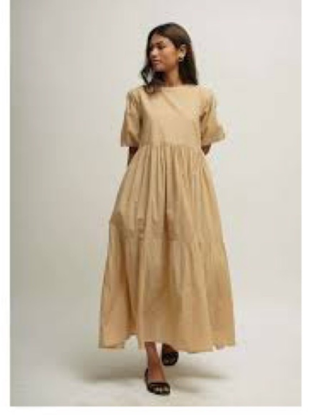 Zara Puff-Sleeve Tiered Midi Dress in Tan